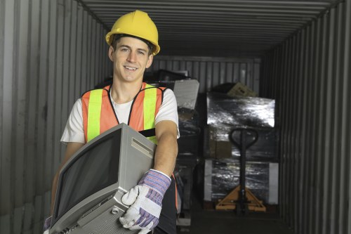 A young male waste management worker wearing a yellow safety helmet, high-visibility vest with orange and yellow reflective strips, and white work gloves is standing inside a large industrial storage container or shipping container. He is holding an old CRT television with a curved screen, grey plastic casing, and visible buttons on the front, which he appears to be loading or unloading. Behind him, the container’s corrugated metal walls are visible along with a yellow pallet jack positioned in the background, indicating a waste removal or recycling operation. The environment is industrial, with artificial lighting casting soft shadows, and there are stacked black plastic-wrapped boxes or pallets further inside the container. This scene is typical of rubbish collection or waste disposal services at a commercial site, possibly near Richmond or within the postcode area, associated with the services offered by Commercial Waste Removal Richmond.